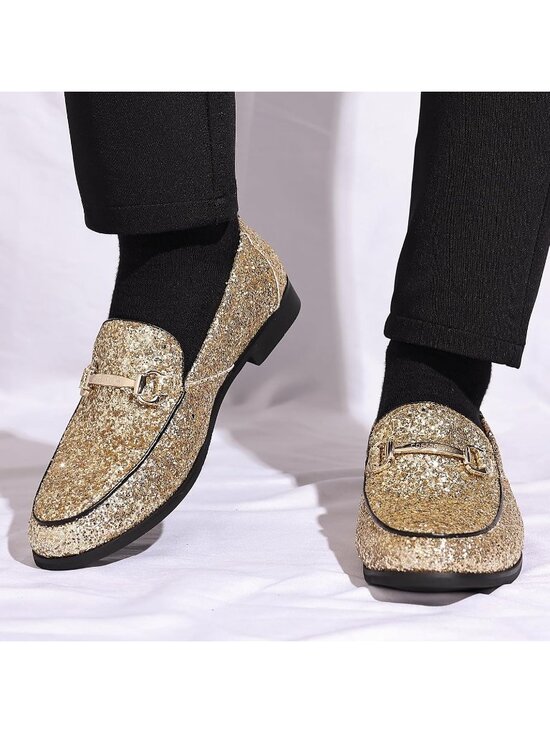 Men\'s Gold Rubber Sole Glitter Sequins Loafers Tuxedo Gold Buckle Luxury Shoes